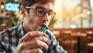 Elfbar in benutzerfreundlicher Umgebung eines Cafés genießen, umrahmt von bunten Details.