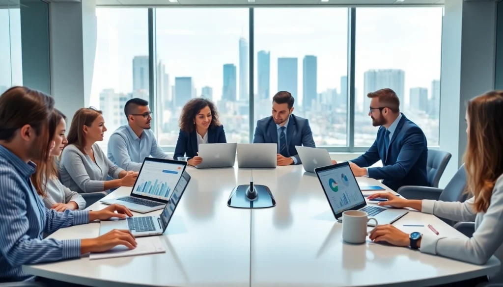 Collaborative professionals discussing invoice processing software in a modern office setting.