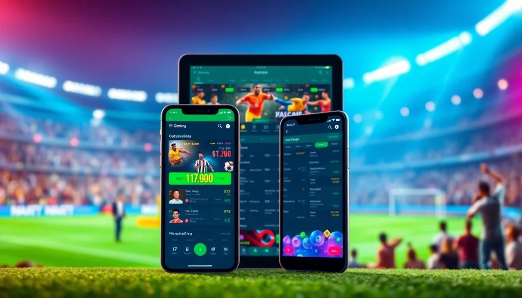 Engaging sports betting in India platform showcased on digital devices with vibrant sports backdrop.