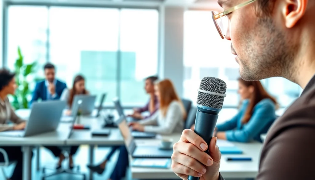 Capture the essence of voice-to-text technology at https://www.speechlyapp.com in a vibrant office.