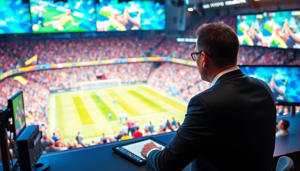 스포츠중계를 제공하는 생생한 스포츠 방송 현장 및 활기찬 팬들들