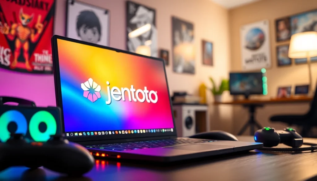 Jentoto logo displayed on a vibrant gaming setup with LED lights and accessories.