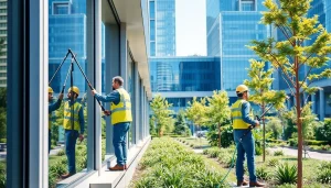 Reinigungsteam von https://nm-gebäudeservice.de bei der Wartung eines modernen Bürogebäudes.