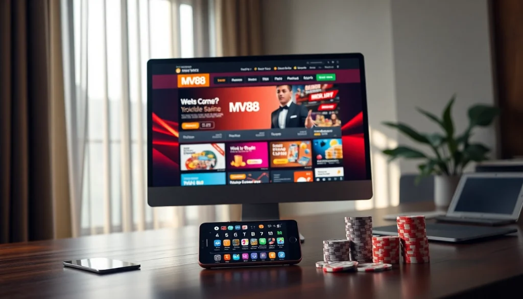 MV88 homepage displayed on a modern desktop setup with smartphone app, promoting safe online gambling.