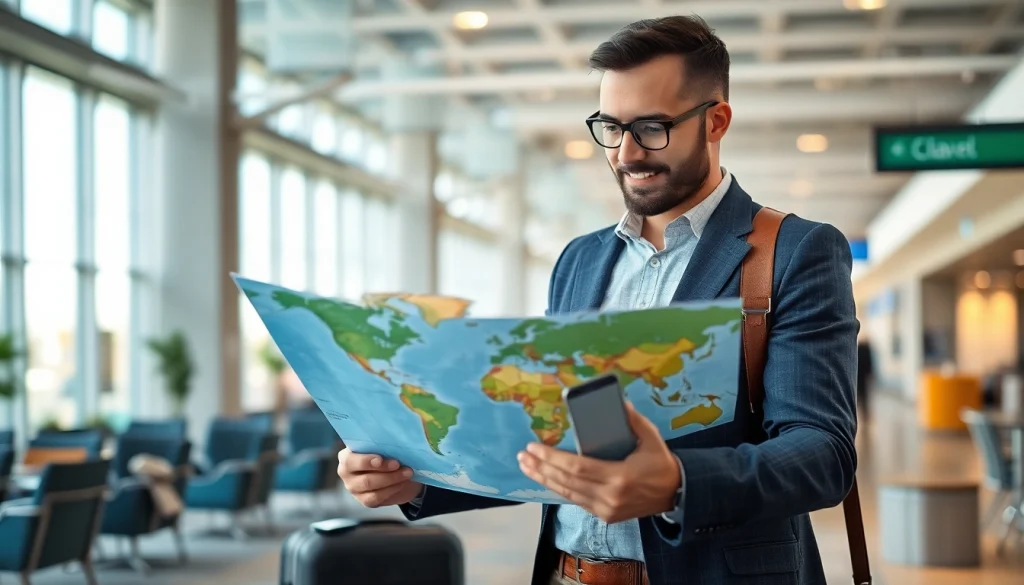 Evaluate travel insurance cover options with a traveler reviewing a map in an airport lounge.