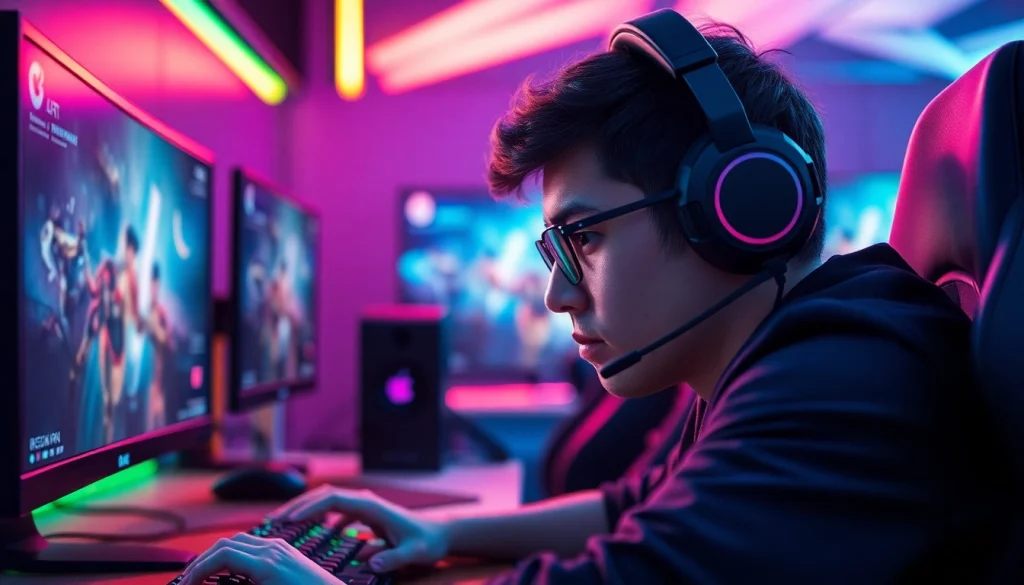 Gamer penuh konsentrasi memainkan bensu4d game di lingkungan gaming yang dinamis.