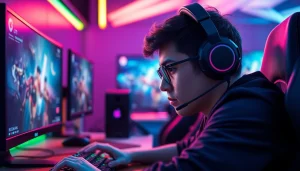 Gamer penuh konsentrasi memainkan bensu4d game di lingkungan gaming yang dinamis.