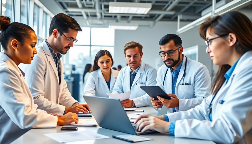 Researchers collaborating on the ADAPTABLE Aspirin Study in a modern medical lab environment.