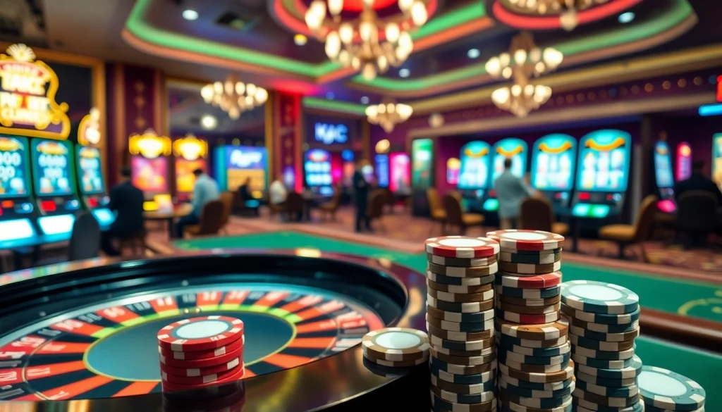 KJC AC online casino scene featuring engaging poker tables and vibrant slot machines.