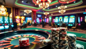 KJC AC online casino scene featuring engaging poker tables and vibrant slot machines.