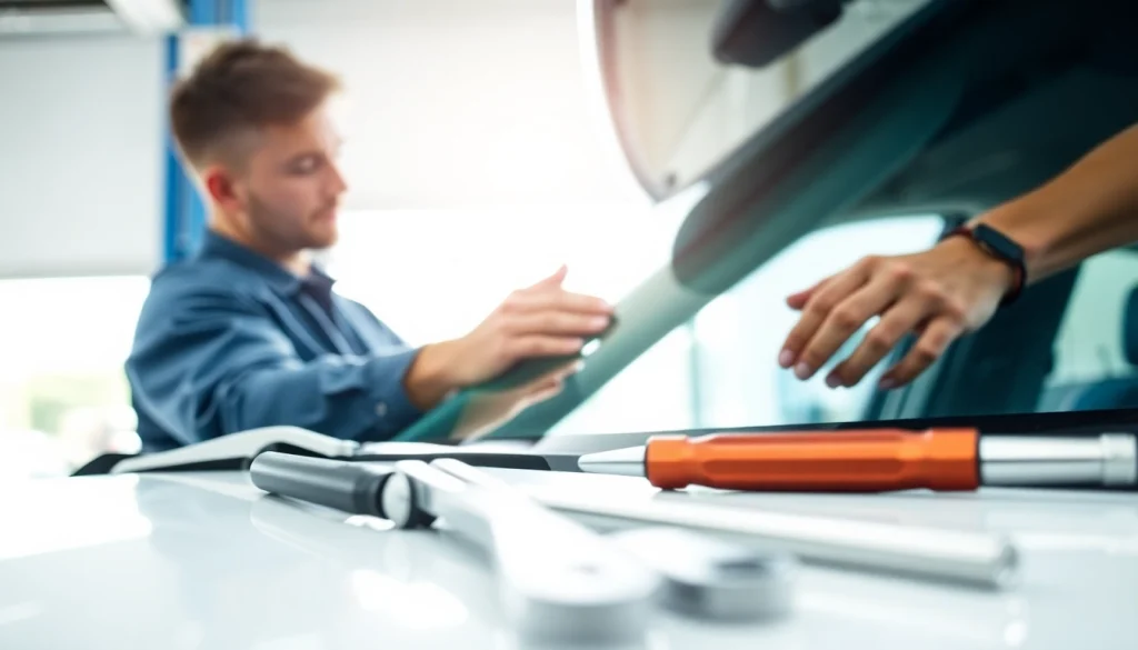 Auto glass repair Northglenn technician expertly installing a windshield in a bright workshop.