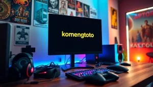Menggambarkan logo komengtoto di perangkat gaming modern dengan aksesoris berwarna cerah.