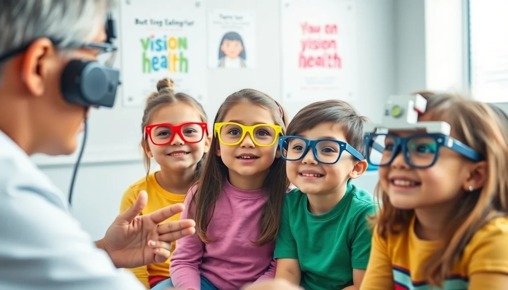 Engaging pediatric vision care scene showcasing Our Children's Vision initiative promoting eye health.