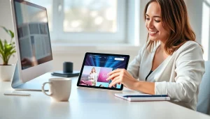 Engaged woman using a tablet displaying features of https://www.lyliarose.com in a bright office setting.
