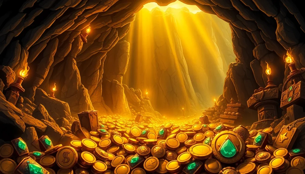 Unearth treasures in King Solomon's Mine, depicting a lavish cavern filled with gold and jewels.
