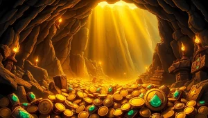 Unearth treasures in King Solomon's Mine, depicting a lavish cavern filled with gold and jewels.
