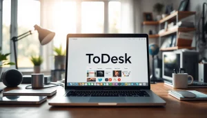 Engaging view of ToDesk远程控制 interface on a laptop in a modern home office setting.