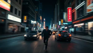 Fast-paced thriller scene featuring a character in a tense urban chase illuminated by neon lights.