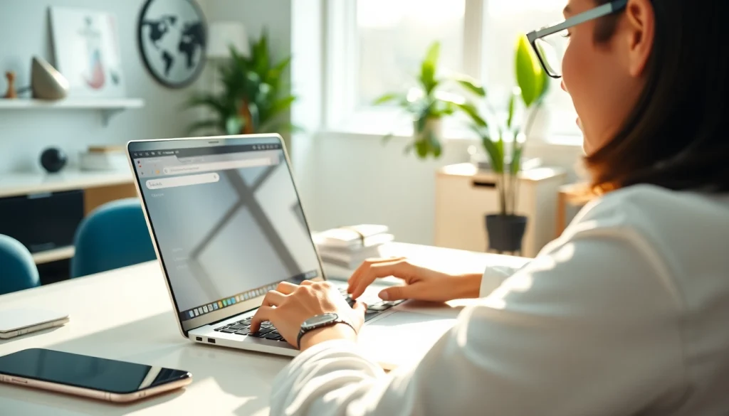 Engaging user interacting with the 360安全浏下载 browser on a modern laptop in a bright office.