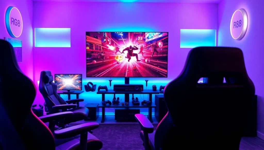 Experience the excitement of gaming on a high-tech TV88 screen in a modern gaming setup.