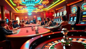 Experience the thrill of gambling with MM88 in a lively casino scene featuring poker, roulette, and vibrant slot machines.