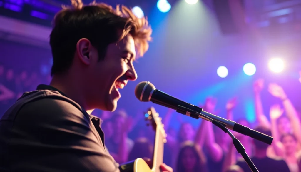 Musician showcasing the MV88 microphone during an energetic live performance.