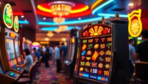 Menampilkan slot machine berwarna-warni dengan tema sayaptogel di lingkungan kasino yang hidup.