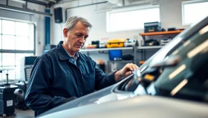 Diagnostic technician performing a Smog Check on a vehicle in a professional garage.