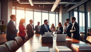 Engaged team discussing legal strategies at http://www.jacobsonpilaw.com in a modern office atmosphere.