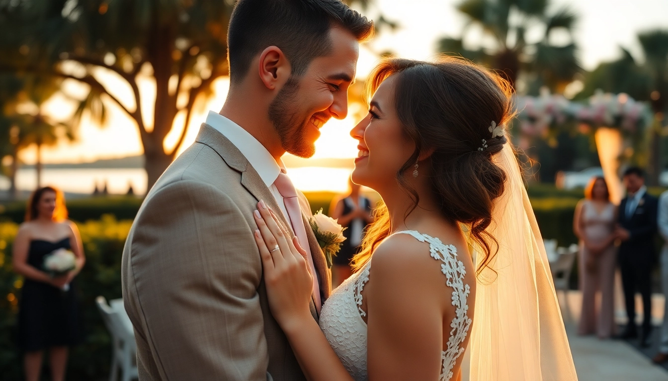 A happy couple captured by a tampa wedding photographer during sunset at their outdoor wedding.
