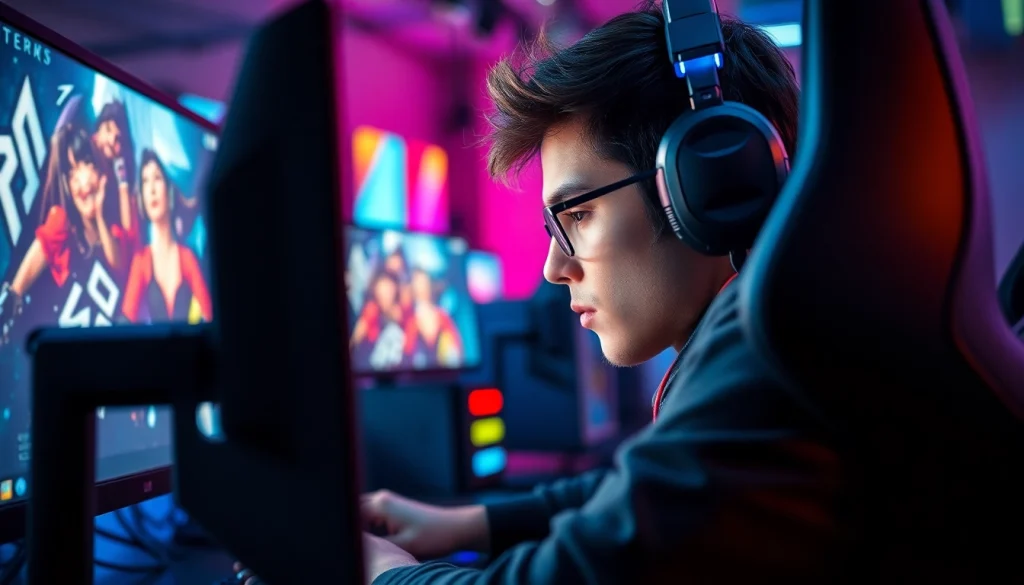 Menampilkan pemain yang terlibat di dalam hakim4d game dengan latar belakang gaming yang dinamis.