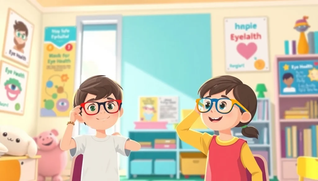 Children engaging with Our Children's Vision through colorful eyeglasses in a school environment.