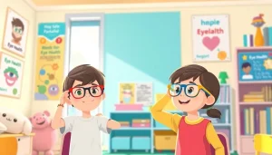 Children engaging with Our Children's Vision through colorful eyeglasses in a school environment.