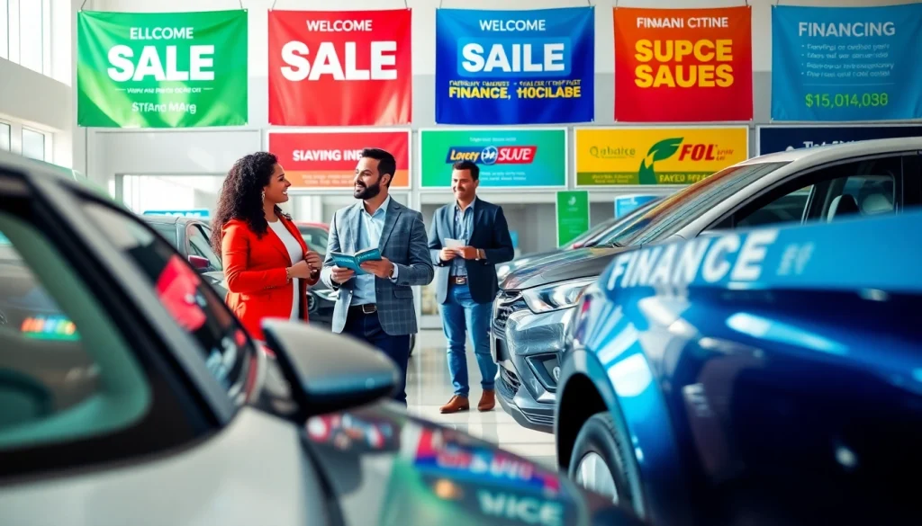 Happy couple discussing options to buy a car in a vibrant dealership setting with sleek vehicles.