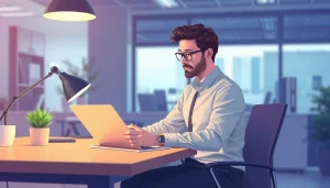 Un traducteur assermenté utilisant un ordinateur au bureau, entouré de documents traduits.