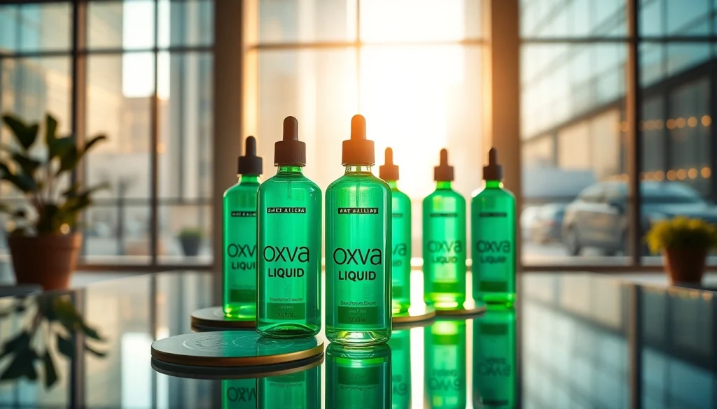 Impression von Oxva Liquid Flaschen auf einem eleganten Tisch, umgeben von einer urbanen Kulisse.