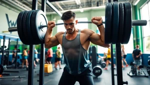 Lever le poids sur Rack crossfit dans une salle de sport moderne et animée.