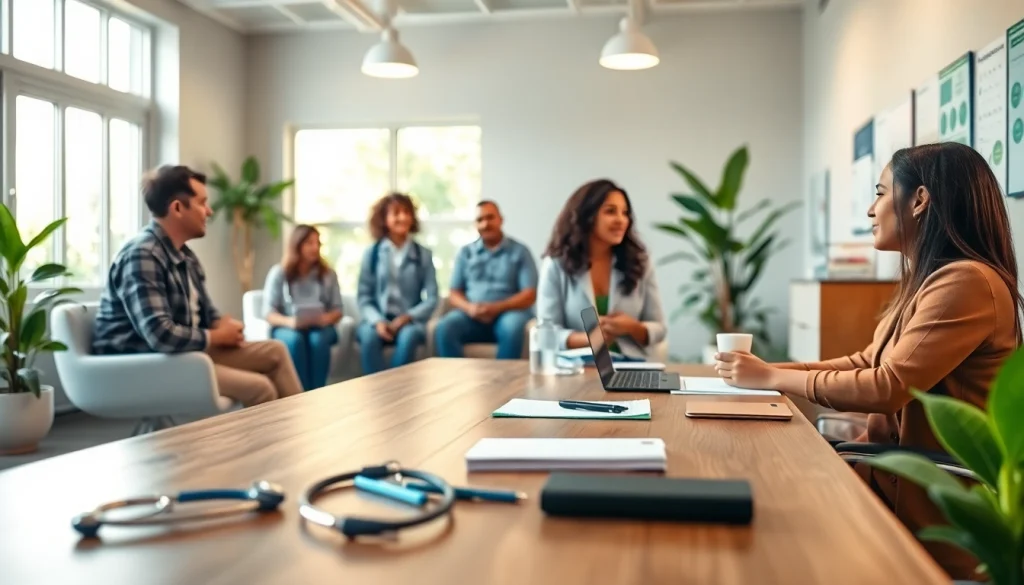 Engaging group conversation focused on Health in a modern consultation room.