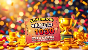 Menampilkan tiket komengtoto yang berwarna-warni dikelilingi koin dan konfeti.