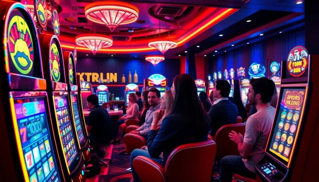 Engaging gameplay experience at https://mega888tm.club with vibrant slot machines and excited players.