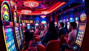 Engaging gameplay experience at https://mega888tm.club with vibrant slot machines and excited players.
