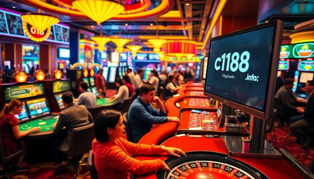 Explore the thrilling atmosphere of a casino at https://c168.info/, showcasing players engaged in epic gambling action, vibrant slot machines, and lively tables.