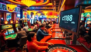 Explore the thrilling atmosphere of a casino at https://c168.info/, showcasing players engaged in epic gambling action, vibrant slot machines, and lively tables.
