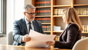 South Dakota car accident lawyer consulting with a client in an office, showing professionalism and trust.