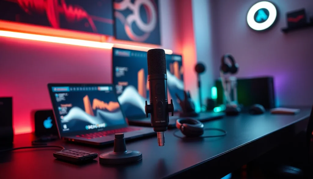 MV88 microphone in a modern gaming setup with a laptop and accessories.