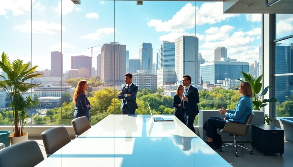 Showcase of industrial leasing office with leasing agents discussing over a large cityscape.
