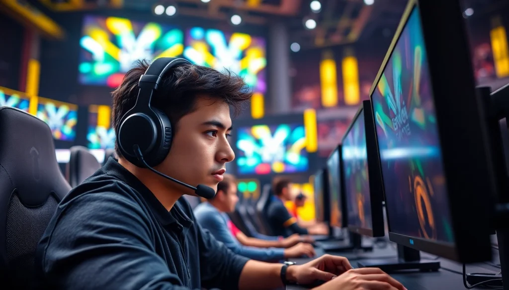 Gamer engaged in esports tournament at https://gamelevate.com showcasing intense competition atmosphere.