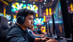 Gamer engaged in esports tournament at https://gamelevate.com showcasing intense competition atmosphere.