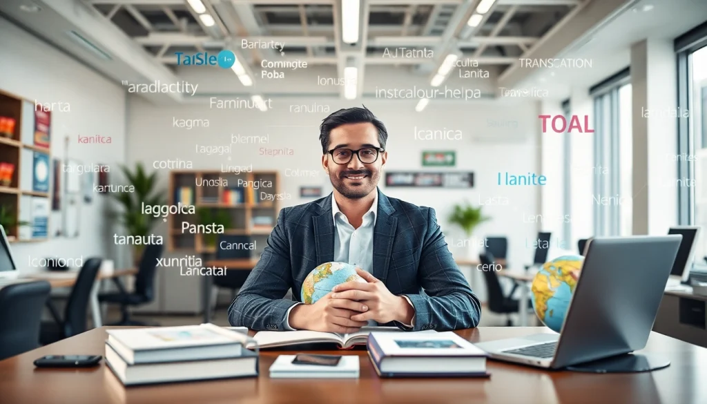 Translate various languages with 有道翻译 in a vibrant office environment.