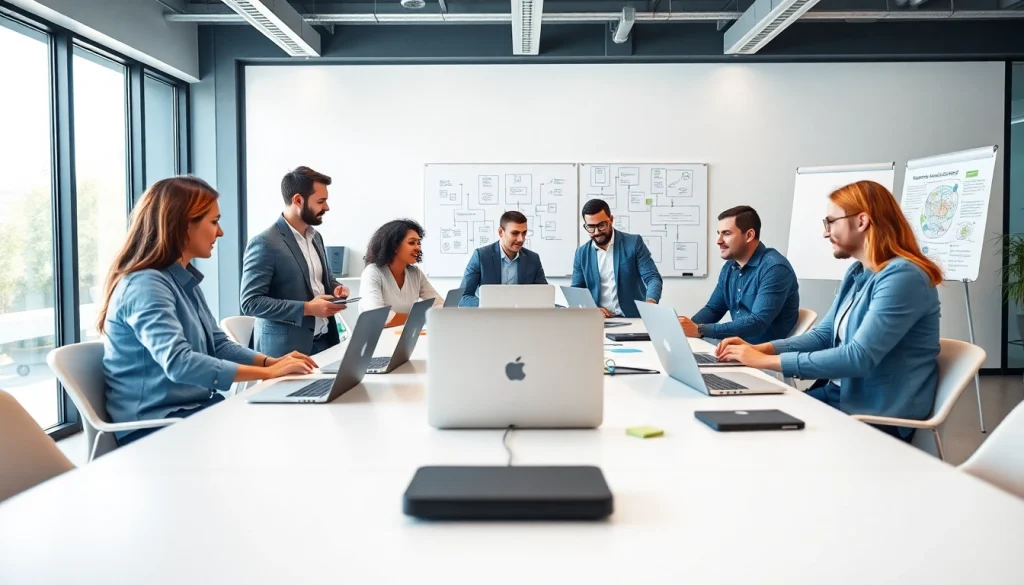 Teamwork on unlimited WordPress tasks with laptops and modern office setting for enhanced productivity.